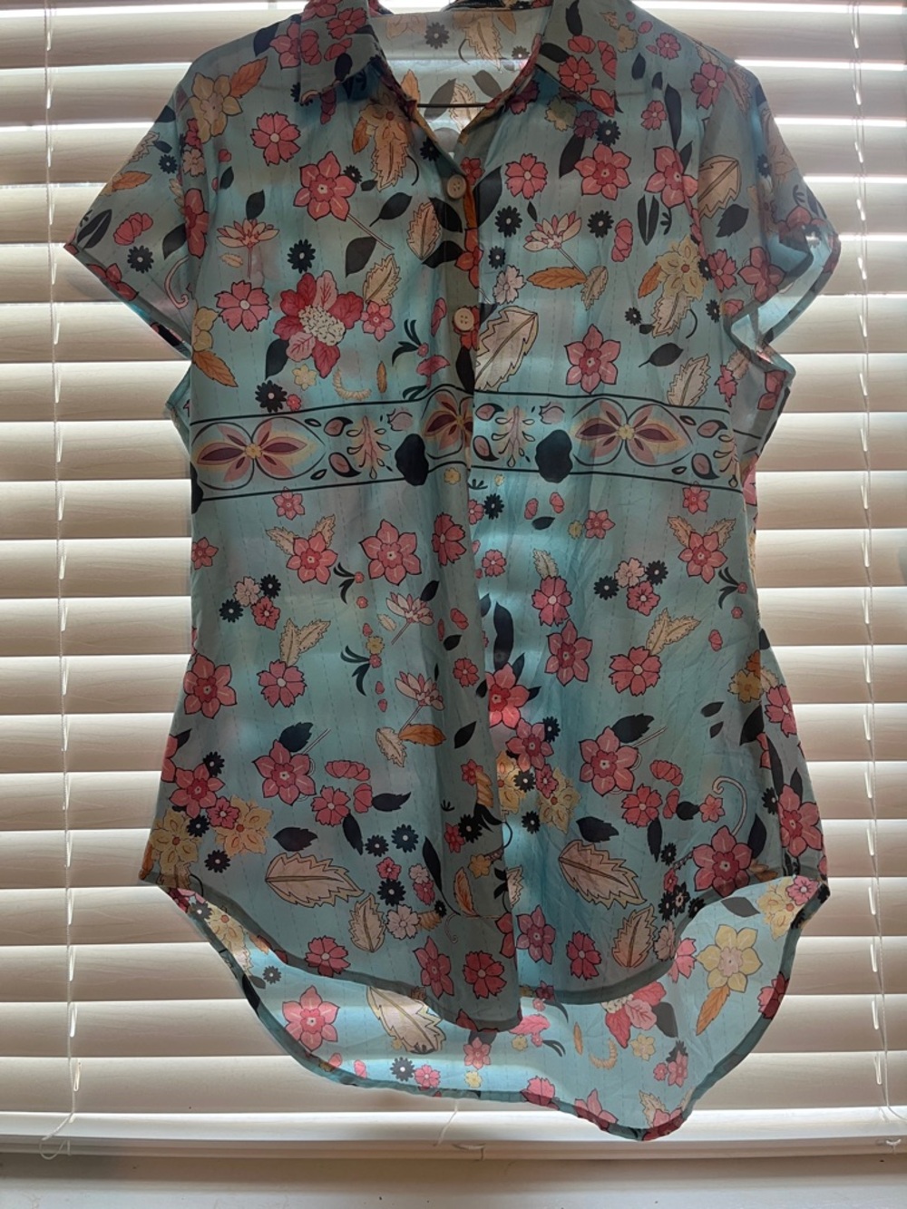 Floral Short-Sleeve Button-Front Blouse in Light Blue